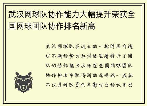 武汉网球队协作能力大幅提升荣获全国网球团队协作排名新高